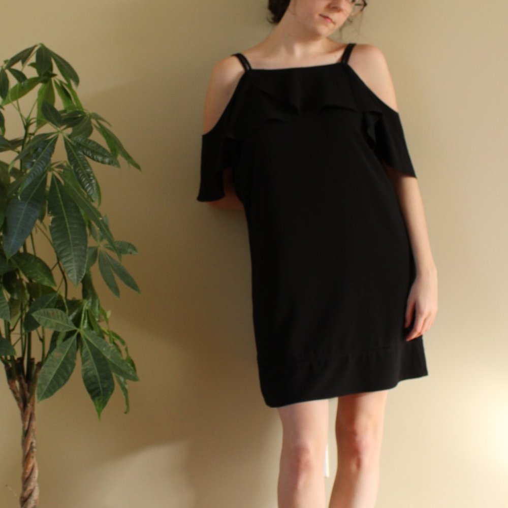 Maggy London Black Cold-Shoulder Ruffle Dress